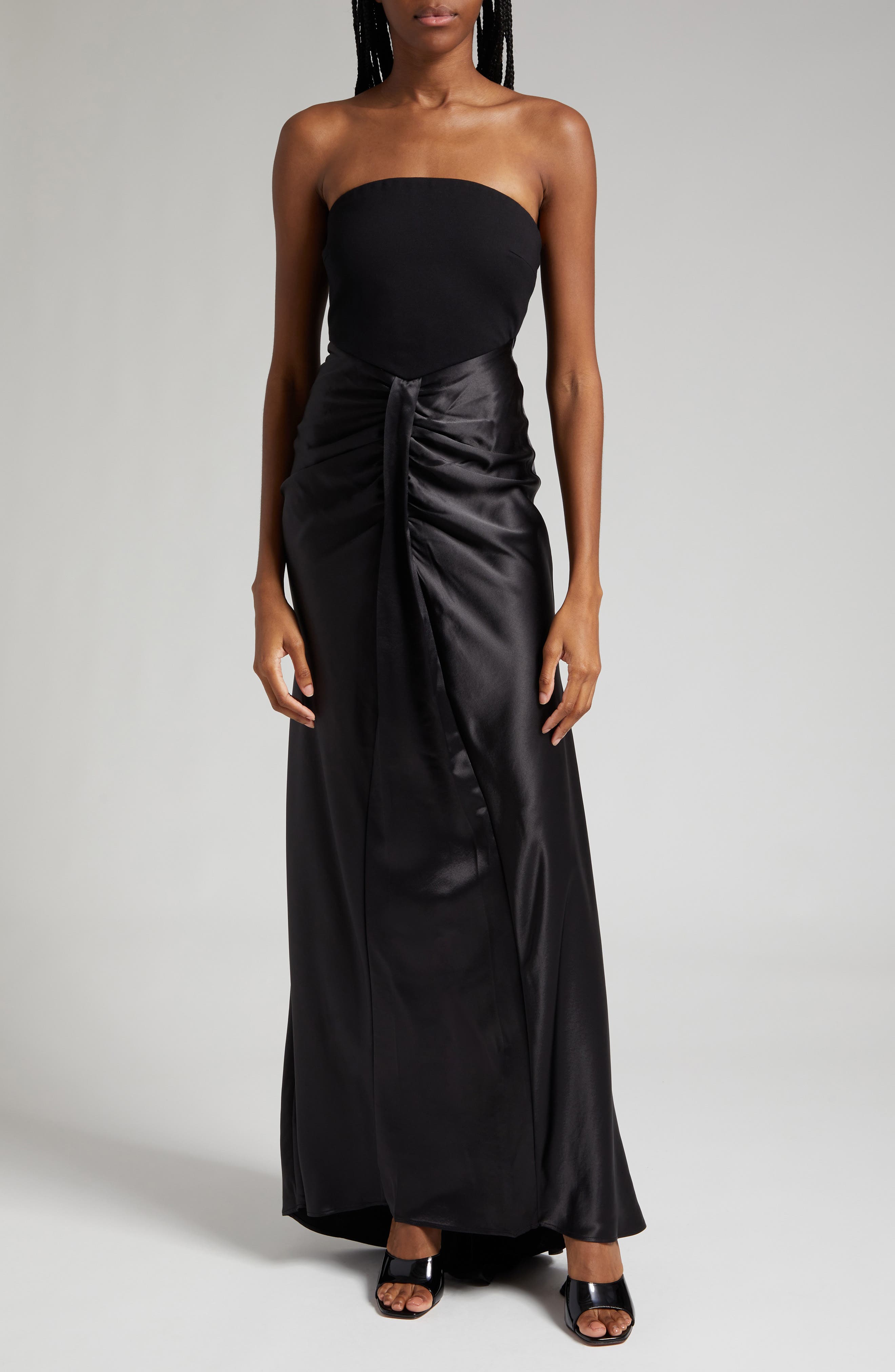 black satin strapless dress